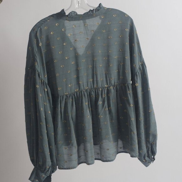 By Anthropologie Ruffled Peasant Blouse Gold and Slate Blue Blouse Size S - Picture 4 of 7